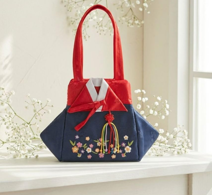 Gongdan(Satin) Korean Tote Bag Inspired Hanbok, Cute Mini Handbag for Girls & Women, Korean Gift Bag, K Culture Coin Pouch, Multi Color, 9.84 x 11.81 Inch (red/navy) image 4