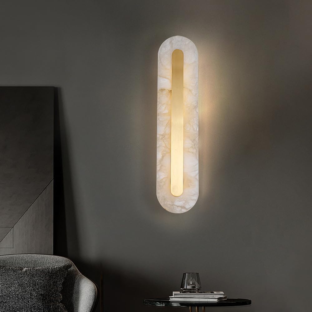 HPTHLY Brass & Marble Wall Sconce, Led Linear Light Bar, White Alabaster & Glass, Decorative Lighting For Living Room, Bedroom, Dresser, Contemporary Home De(A)