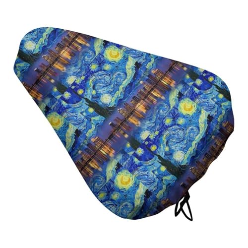 FOSKERV Fashion Bicyle Cushion Cover, Waterproof Non Slip Adjustable Bike Seat Cover for All Bicyles, Universal Bicycle Saddle Protector, Chicago City Skyline Night View Starry Sky Painting