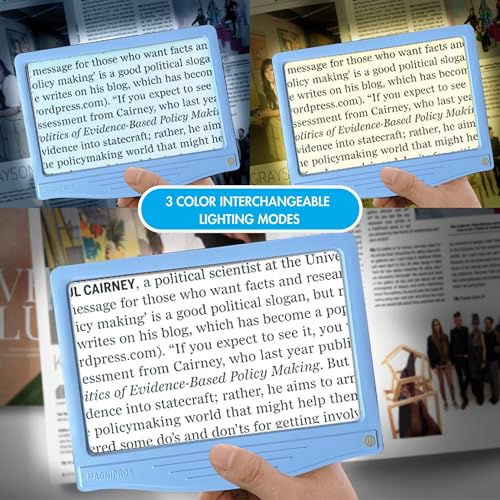 Image of MagniPros 5X Rechargeable Large Ultra Bright LED Page Magnifier with Anti-Glare Lens & 3 Color Light Modes, Relieve Eye Strain- Ideal for Reading Small Print, Low Vision, Seniors
