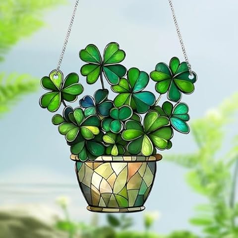 St. Patrick’s Day Accessories, Stained Four Leaf Clover Decor Suncatcher for Window, Good Luck, Spiritual Gifts for Women, Mom, Family, Friends, Window Suncatcher Hanging Decorations Cover