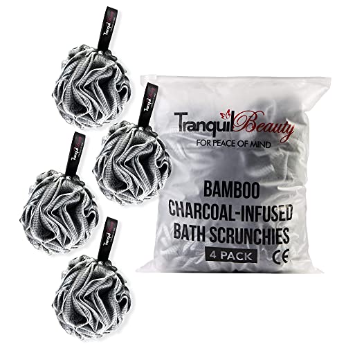 TranquilBeauty Badeschwamm [4er Pack] - Luxus Duschschwamm Schwarz - Peelinghandschuh- Peeling Schwamm - Luffa Schwamm - Badebürste Cover