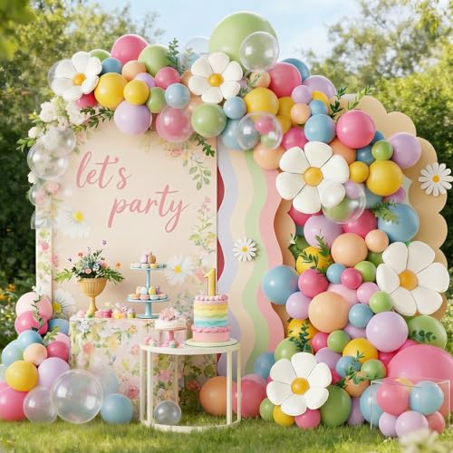 SNLN Daisy Flower Balloon Arch Kit, 175 Pcs WildFlower Balloons Arch Kit in Pink, Green, Purple, Blue, Yellow and Beige for Baby in Bloom Baby Shower Spring Daisy Theme Birthday Party Decorations
