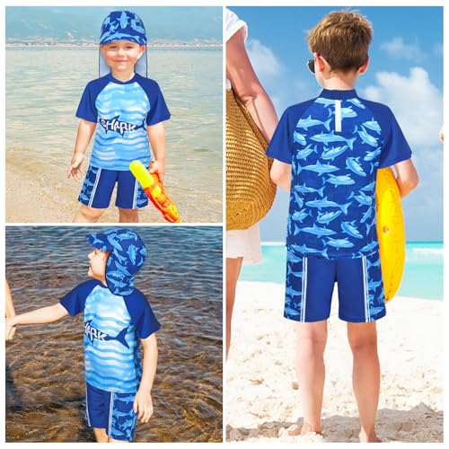 Image of Boys Two Piece Rash Guard Swimsuits Kids Short Sleeve Swimwear Sets Bathing Suit with Sun Hat for 2-6 Years