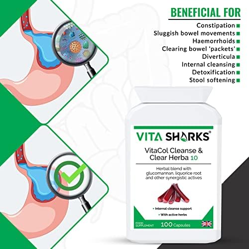VitaCol Cleanse & Clear Herba 10 | Natural Stool Softening Vegan Colon Detoxifying & Bowel Cleansing Formula. 10 Kosher, Herbal Ingredients for Faecal Regularity & Relieve Constipation
