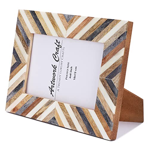 Artwork Craft Bone Picture Photo Frame Chevron Herringbone Art Inspired Vintage Table-Top/Wall Décor Frames (6X4, Gray,White,Wood) #TOP4
