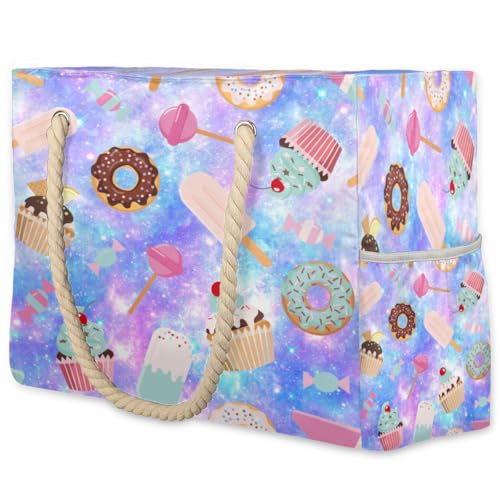 Fantasy Cakes Beach Bag for Women Waterproof Sandproof Tote with Zipper Cotton Rope Handles for Travel Pool Gym Shopping