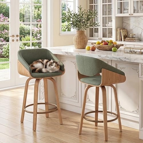 Image of 26'' Modern Barrel Swivel Counter Stools Counter Height Swivel Bar Stools with Backs Set of 2, Green Linen Upholstered Bar Height stools, Farmhouse Solid Wood Barstools for Kitchen Island, Home Bar