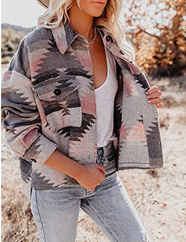 Springrain Womens Aztec Denim Jacket Shacket Lapel Button Down Shirt Jacket Western Jacket For Women(Pink-S) #TOP4