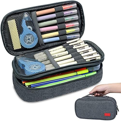 Pencil Case 3 Compartments Canvas Bag Organizer, Desk Organizer Marker Durable Portable Large Storage Bag for Kids Teens Student Adults - 9.05 x2.75 x4.72 inches