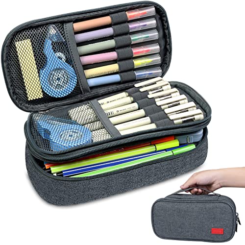 Pencil Case 3 Compartments Canvas Bag Organizer, Desk Organizer Marker Durable Portable Large Storage Bag For Kids Teens Student Adults - 9.05 X2.75 X4.72 Inches #TOP16