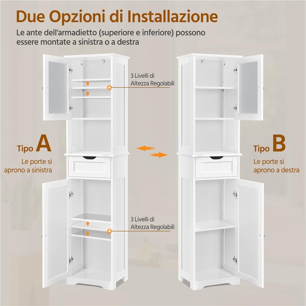 Yaheetech Armadietto da Terra con Ripiani Regolabili Armadio da Bagno con Ante Mobile Autoportante in Vetro Mobiletto con Cassetto per Cucina Soggiorno Stile Shabby Chic 40 × 30 × 170 cm Bianco