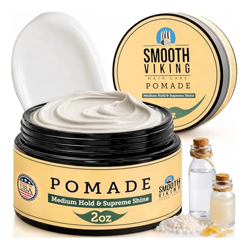 Smooth Viking Medium Hold & High Shine Pomade - Water Based Hair Cream for Curly, Thick & Straight Hair - Men's Hair Product - Made in USA, 2oz