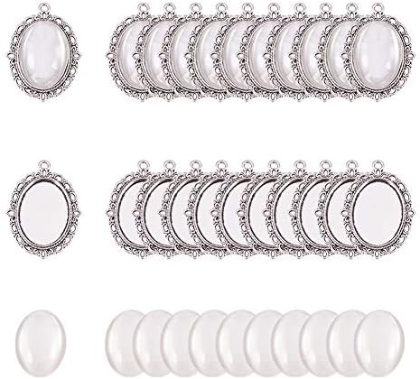 PandaHall Elite 30 Sets Bezel Pendant Blanks Settings - 30pcs Oval Pendant Trays Bezel Blanks with 30pcs Glass Cabochons Clear Dome for Wedding BouquetPhoto Jewellery Making, Antique Silver, 25x18mm