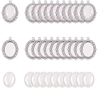 PandaHall Elite 30 Sets Bezel Pendant Blanks Settings - 30pcs Oval Pendant Trays Bezel Blanks with 30pcs Glass Cabochons Clear Dome for Wedding BouquetPhoto Jewellery Making, Antique Silver, 25x18mm