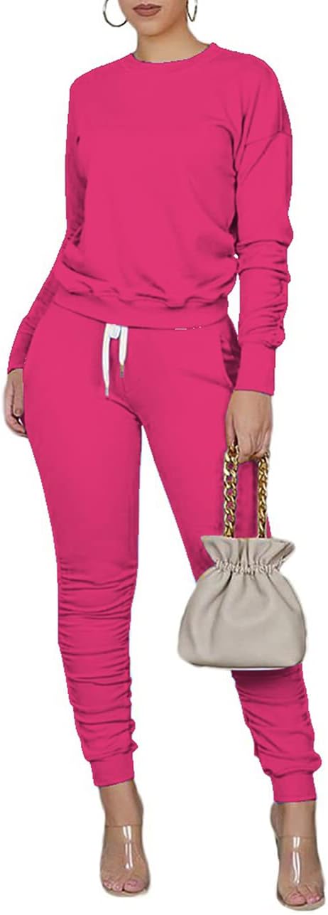 TOPONSKY Women's Two-Piece Tracksuit Set Ribbed Knit Loungewear Set Hot Pink X-Large