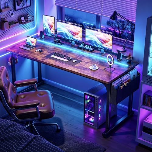 Image of DurayLoly 55 inch Office Desks with LED Lights,Gaming Writing Work from Home Study Desk with Storage Bag,Home Office Desk with Headphone Hook Sturdy Metal Frame, Rustic Brown