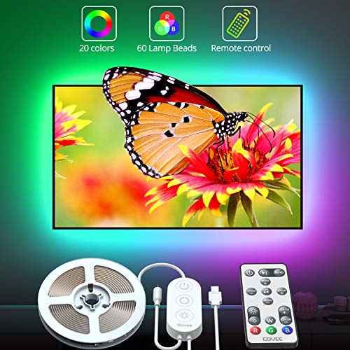 Govee LED TV Backlights with Remote, RGB LED Strip Lights USB Powered, 6.56ft Music Sync Lights for 40-60inch TV, 5050 LEDs, 20 Colors Changing Lights, 3M Tape and 5 Support Clips Included