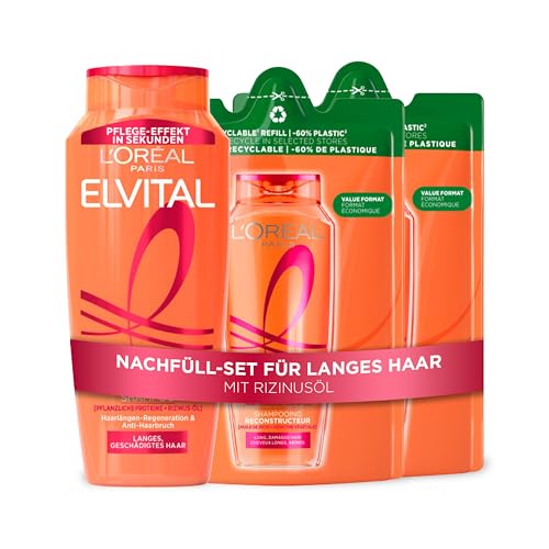 L'Oréal Paris Dream Length Super Aufbau Shampoo Nachfüllset, Vorteilspack mit 1 Standardflasche (1x300ml) und 2 Nachfüllpacks mit -60% weniger Plastik (2x200ml), mit Rizinusöl, für langes Haar