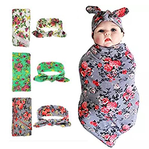 Image of Newborn Swaddle Blanket Headband with Bow Set Baby Receiving Blankets