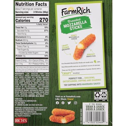 Farm Rich Breaded Mozzarella Cheese Sticks – Delicious Frozen 22 oz Party Appetizer & Snack, Made with 100% Real Mozzarella