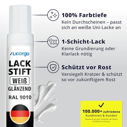 LICARGO Lackstift Weiß Glänzend – Präziser Pinsel für kleine Kratzer & Steinschläge – Hohe Deckkraft, schnelle Trocknung – Weißer Lackstift Auto, Autolack Weiß, Emaille Reparaturset, Made in Germany