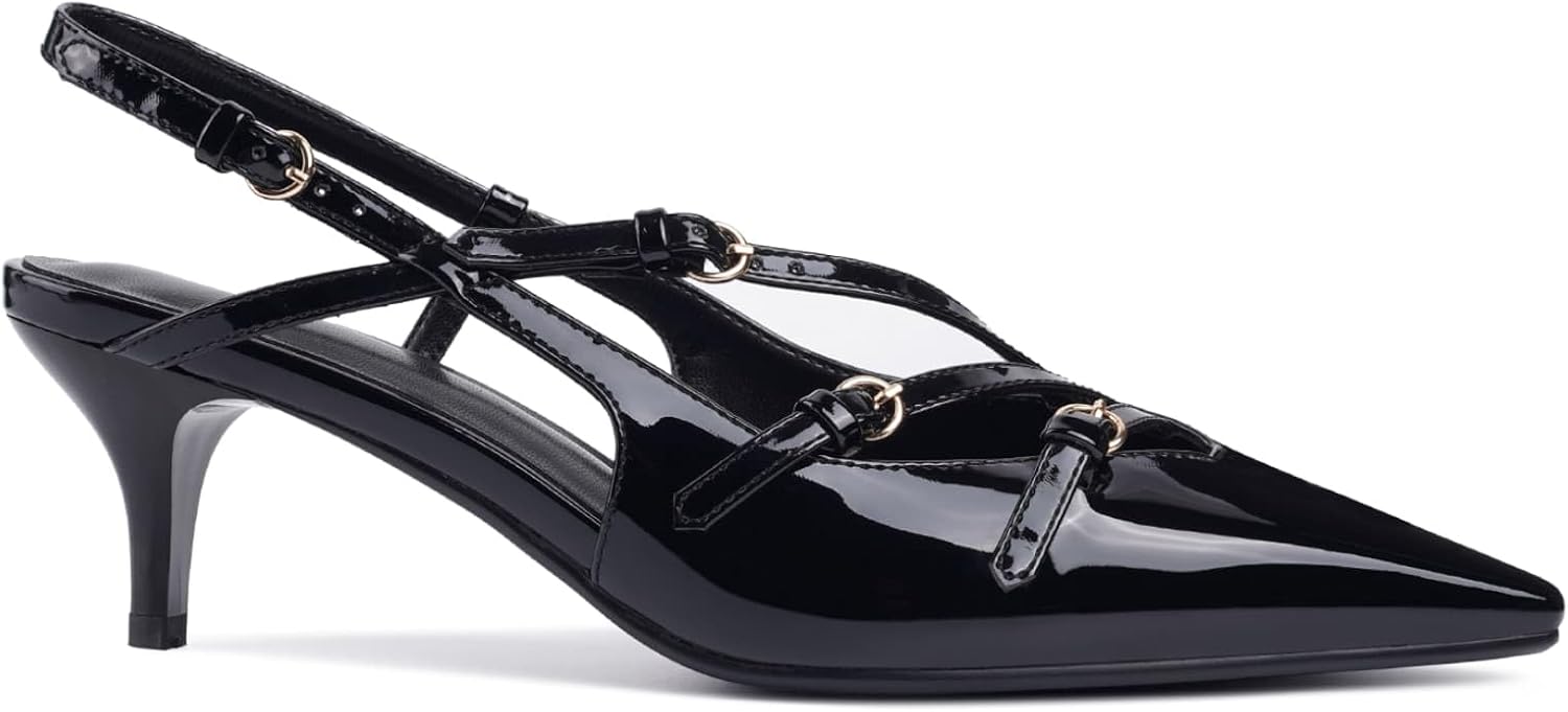 CORNMOOD Slingback Kitten Heels for Women Pointed Toe Stiletto Low Heels with Buckle Strap Heeled Pumps Sandals - Image 7
