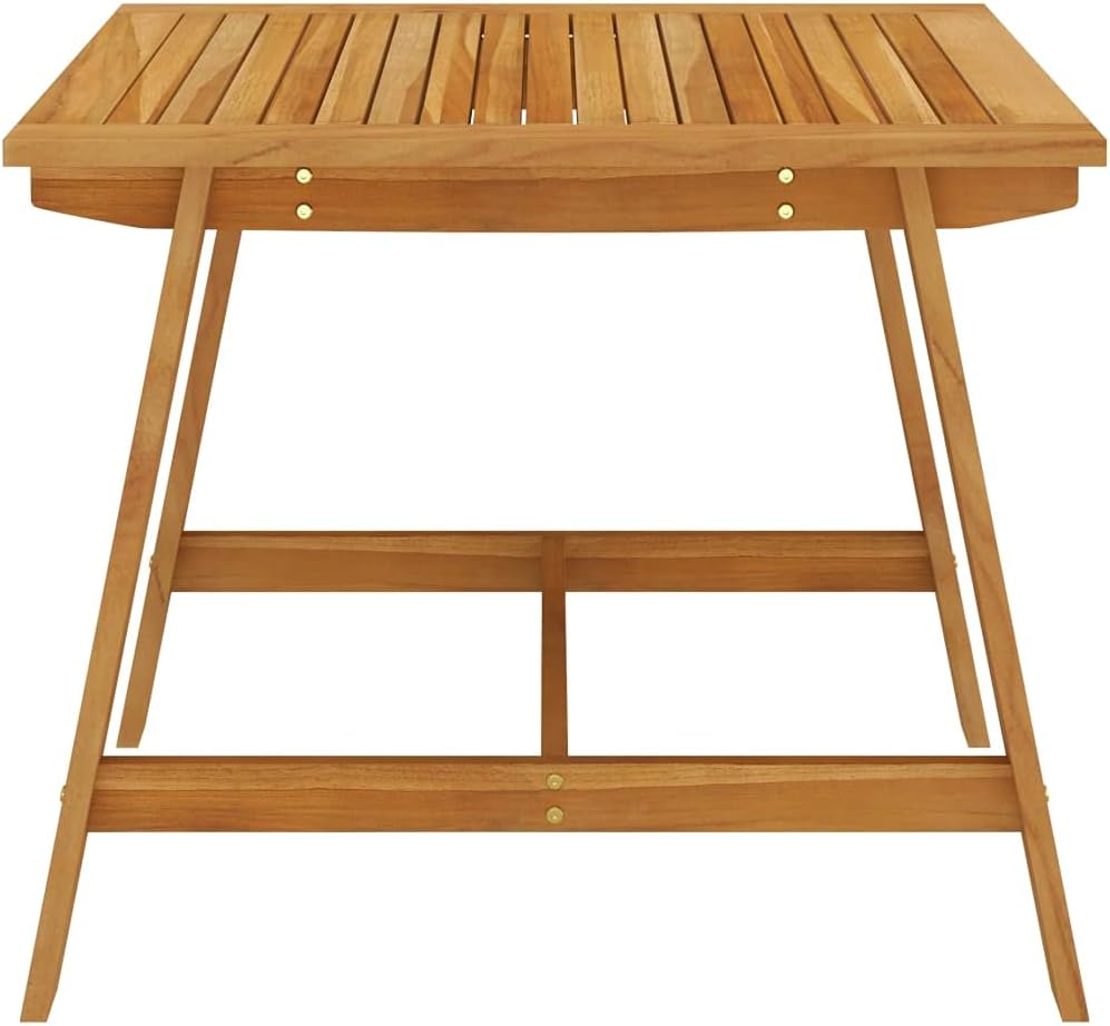 Side view of the assembled solid acacia wood table, showing its sturdy leg structure.