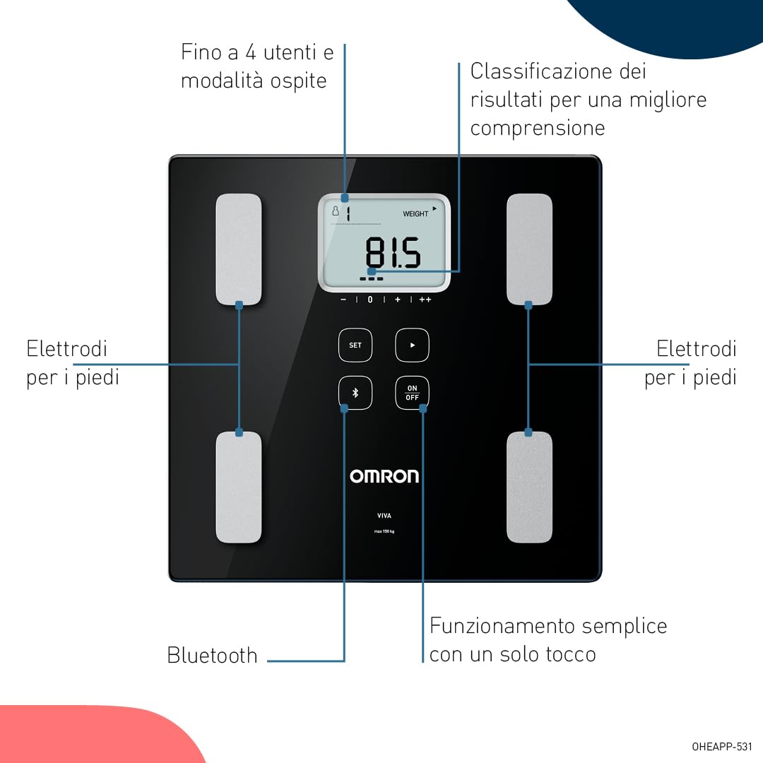 OMRON VIVA, bilancia pesapersone digitale per misurare peso, grasso viscerale, muscoli, metabolismo, BMI con risultati precisi e sincronizzazione Bluetooth tramite app OMRON Connect