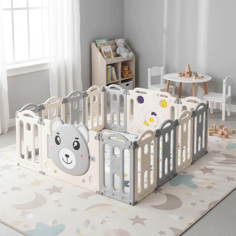 Recinto per Bambini in Plastica PL38 Area Giochi Pieghevole, 12 Pannelli + 2 Pannelli Gioco + 1 Porta, Box Neonato Interno ed Esterno, 148x148x62 cm, Grigio