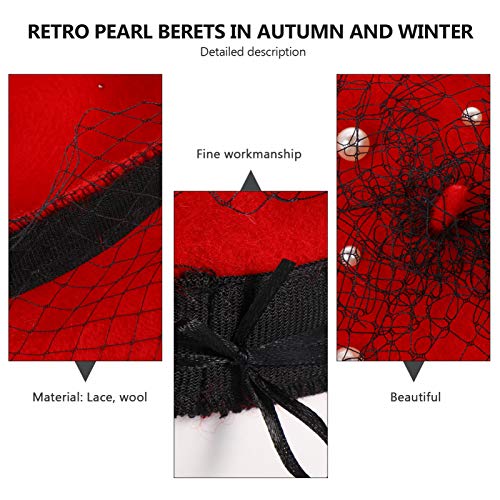 Amosfun chapéu boina perolada estilo francês gorro vintage inverno quente chapéu de renda com contas