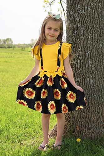 Amawmw Toddler Baby Girl Summer Clothes Ruffle Sleeve T-Shirt Sunflower Suspenders Skirt Headband (3T, Yellow) #TOP1