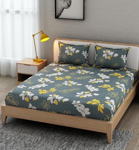 Image of Cotton Feel King Size Flat Bedsheet for Double Bed (90 x 100 Inches | 230 x 250 cm) with 2 Pillow Covers | Soft & Smooth Printed Bedsheet for Daily Use (Green&Grey, King Bed-90x100)