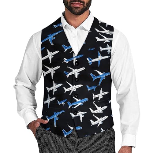 Cartoon Airplane Men's Suit Vests Business Formal Dress Vest V-Neck Waistcoat for Wedding Casual