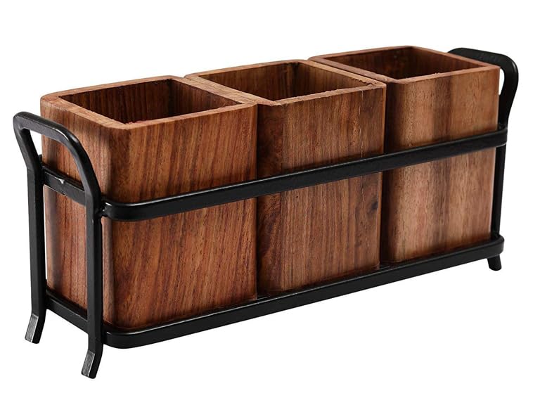 natureCRAFTS Wooden Cutlery Stand for Kitchen, Multipurpose Stand & Wrought Iron Spoon Forks & Knives Holder, Dining Table Organizer with 3 Wooden Jar for Home Office Cafe & Restaurant, Brown, 1Pcs (B0BBJB4K1V) Amazon Price History, Amazon Price Tracker