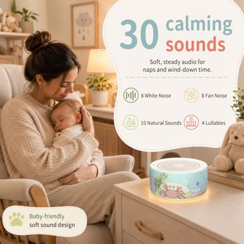 Image of Kipcush White Noise Machine for Baby & Adults, Sleep Sound Machine with 30 Soothing Sounds, 8-Color Night Light, Memory Function, White Noise for Sleeping, Nursery, Office, Travel, Relaxation