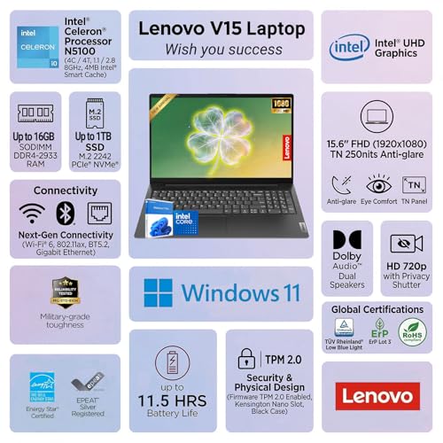Image of Lenovo V15 Business Laptop 15.6 inch FHD Display, Intel Quad-Core N5100, 4GB RAM, 128GB SSD, WiFi, HDMI, RJ45 Ethernet, Webcam Privacy Shutter, Windows 11 Pro, Portable Work & School Computer