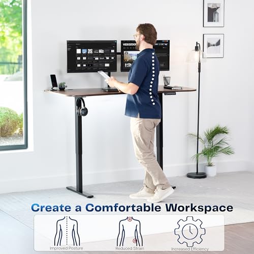 Image of VIVO Electric 63 x 32 in Standing Desk, Memory Height Adjustment, 1B Series, Holds 220 lbs, Dark Walnut Top Black Frame, DESK-KIT-1B1D