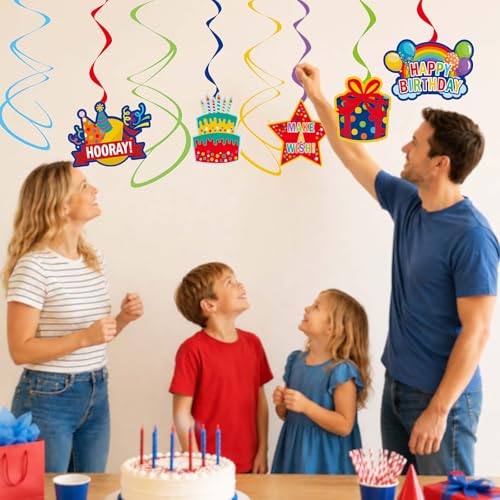HonuGoGo Colorful Birthday Hanging Swirl Decorations, 36ct Paper Ceiling Decor Set with Cutouts of Cakes, Gifts, Balloons & Stars, Vibrant Paper Party Supplies for Birthday Decor & Celebration Themes by HonuGoGo - Image 2