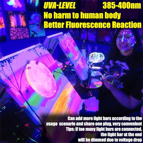 Image of 4 Pack 45W Series-connectable LED Black Light Bar, Scalable Blacklight with 6.6ft Cord+Switch, Each Light Up 26x26ft Glow in The Dark for Halloween Party Birthday Body Paint Fluorescent Poster