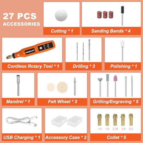 JANGKLIFE Cordless Rotary Tool, 3.7V Mini Rotary Tool Kit with 31 Accessories, 3-Speed Adjustment - Lightweight & Portable - Ideal for Polishing, Sanding, Grinding, Drilling, and DIY Crafts - Thumbnail 7