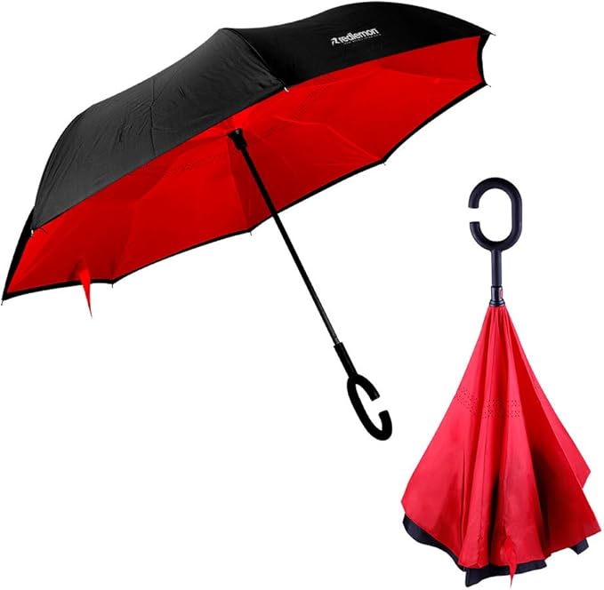 Redlemon Paraguas Invertido con Doble Refuerzo, Sombrilla Resistente a Vientos y Lluvias Fuertes, Mango Ergonómico en Forma C, Paraguas Grande Reversible Libre de Escurrimientos, Fácil de Transportar