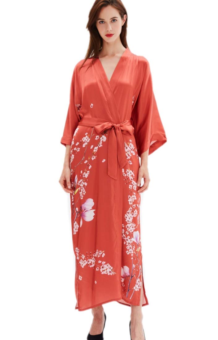 Damen Kimono Morgenmantel aus 100% Seide – Bodenlange Yukata Robe, Einheitsgröße, luxuriöses Hauskleid im japanischen Stil mit Gürtel