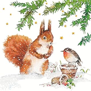 Set of 20 Individual Decoupage Paper Party Napkins Squirrel & Robin Bird Watercolor Decor Luncheon Beverage Napkin for Birthday, Holiday, Wedding, Cocktail Party