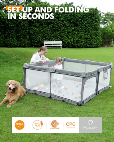 Dearlomum Foldable Baby Playpen with Non Removable Thick Mat,Collapsible for Babies and Toddlers, Extra Large Foldable Playpen for Baby with Gate, Travel Play Pen (Gray 59"×71")