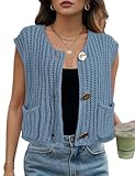 Womens Cropped Cardigan Sweater Vest Sleeveless Chunky Kint Vest Top Warm Casual Button Down Crop Tops for Women Plain with Pockets Spring Fall Wintrt Trendy Cute Vest Light Blue