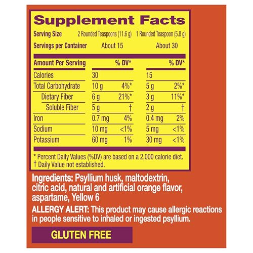 Image of Metamucil 4 in 1 Daily Fiber Supplement Powder, Fiber Powder for Digestive Health and Regularity*, Sugar-Free, Orange, Naturally Sourced Psyllium Fiber, 30 teaspoons