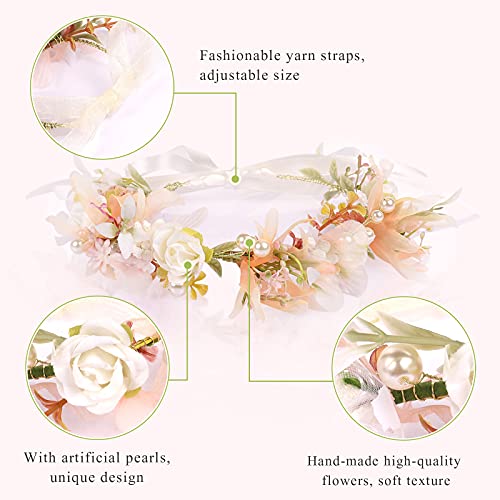Foto von Blumenkranz Blume Krone Stirnband, Taumie Blumen Stirnbänder Kopfschmuck Haarbänder Floral Girlande, Perle Braut Haarschmuck mit Armband-Set, Damen Mädchen für Festival Party Hochzeit Strand