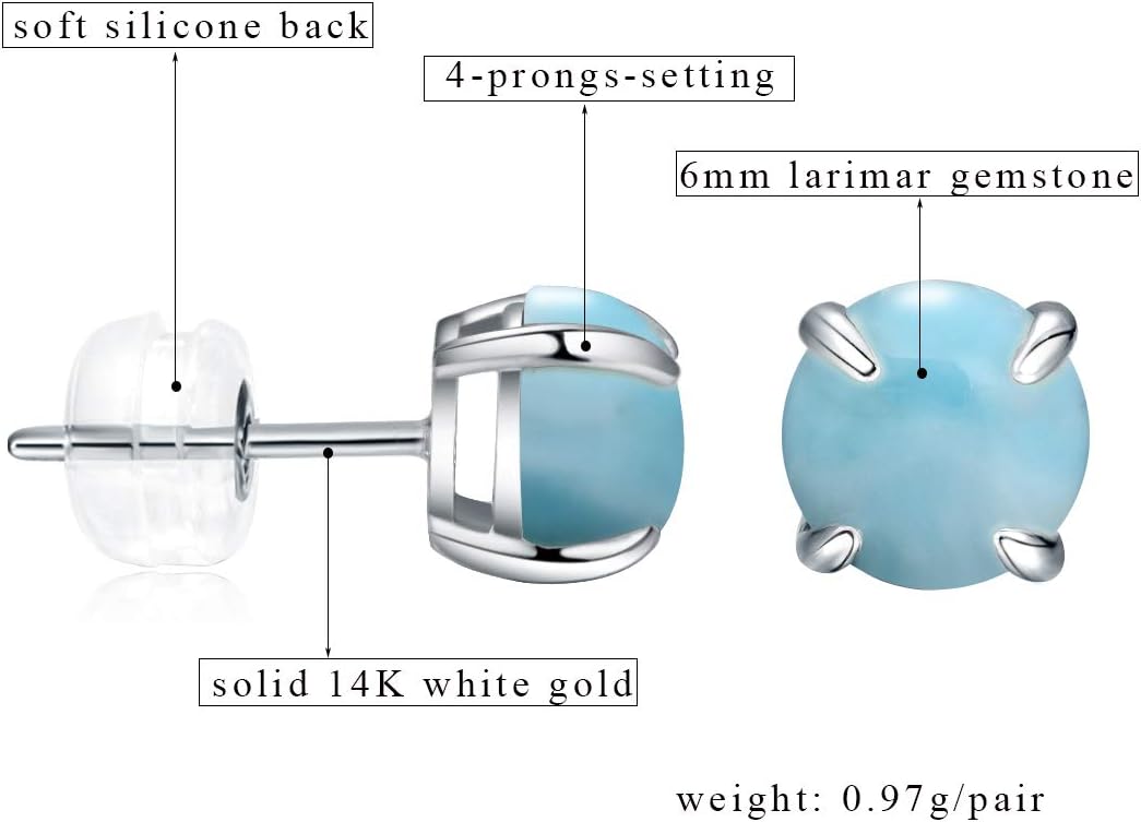 14K Gold Earrings Studs for Women 6mm White Fire Opal Earring Hypoallergenic Jewelry Gifts