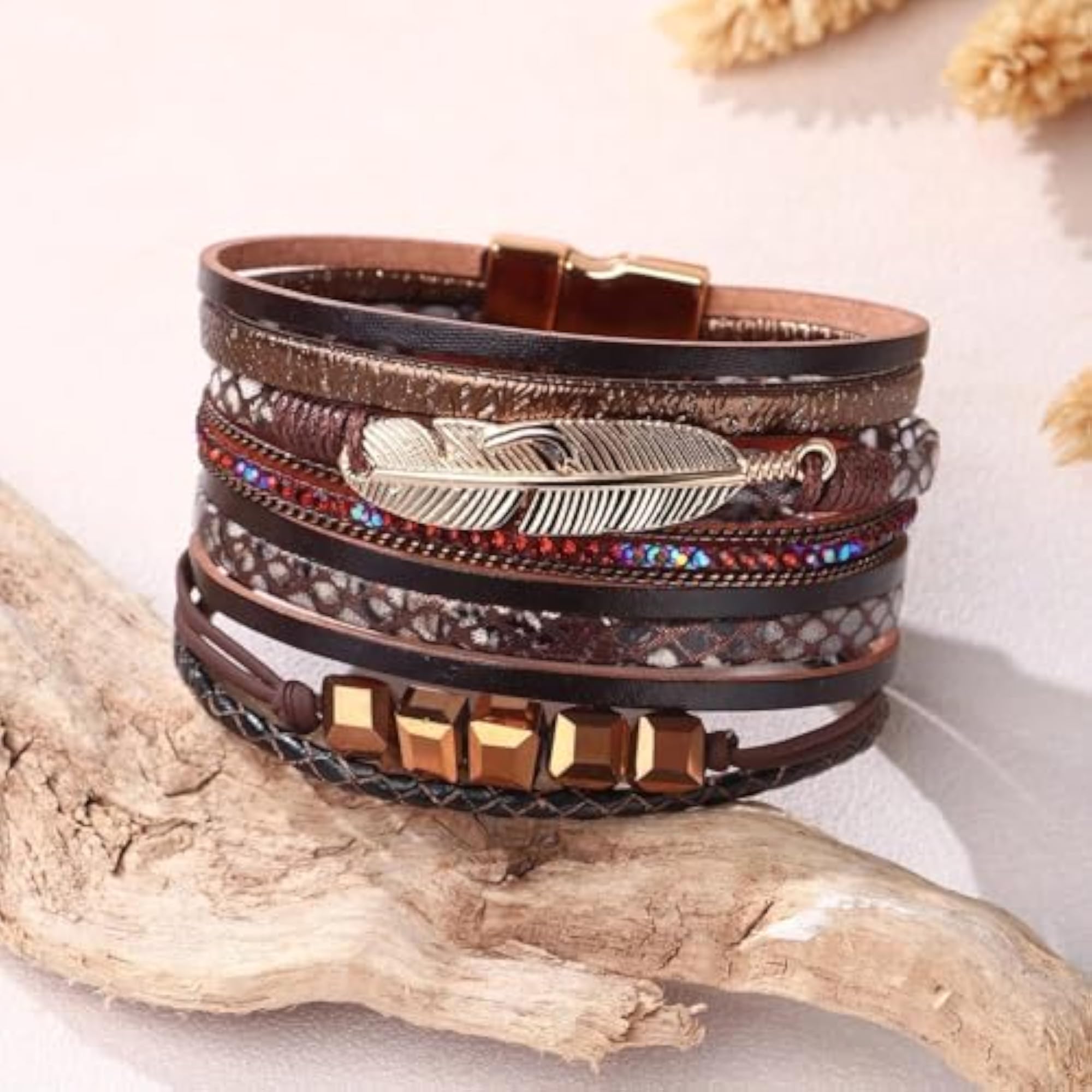 Women's Boho Leather Wrap Pearl & Crystal Bracelet